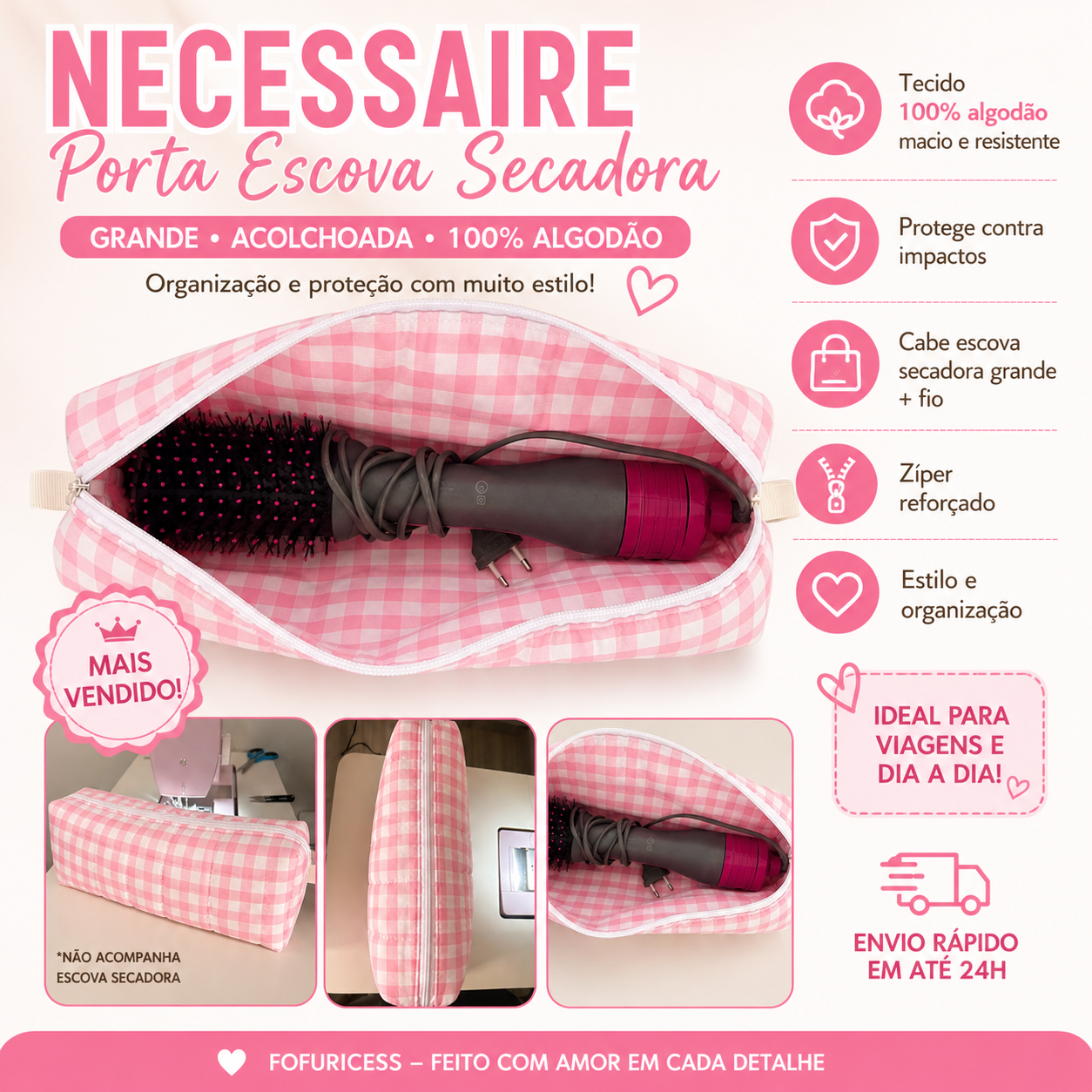 Necessaire Porta Escova Secadora Estampa Vichy