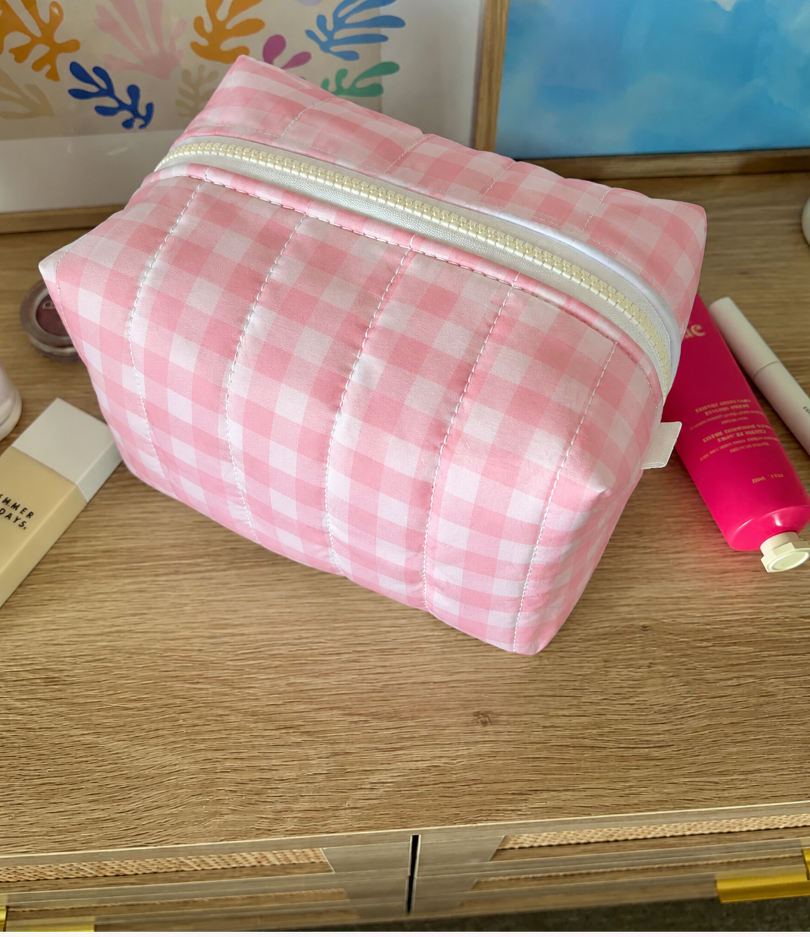 Necessaire Algodão Rosa Vichy | Bolsa Organizadora Feminina para Maquiagem e Viagem